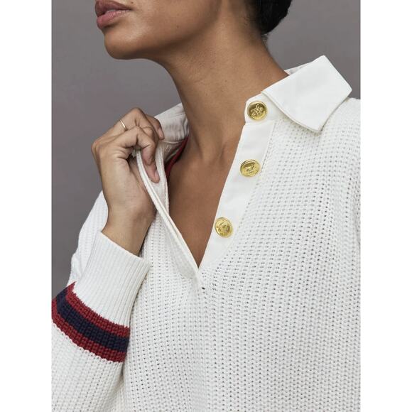 Carbon38 Mixed Media Rugby Collared Sweater Ribbed Thick Knit Ivory Size Large - Picture 9 of 13